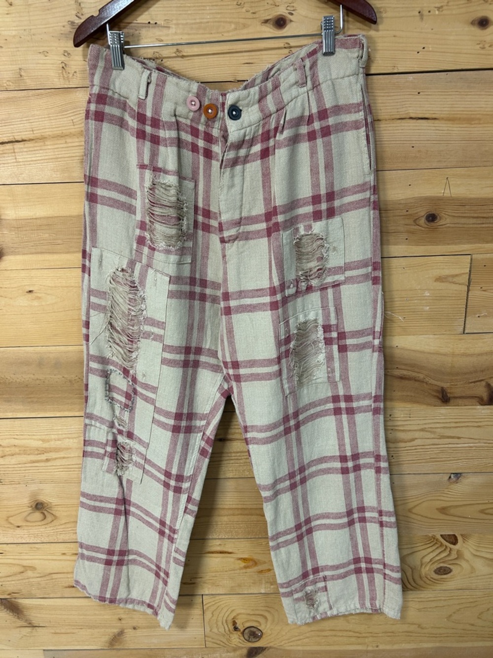 EUC Magnolia Pearl Cream Red Pink Plaid Distressed Charmie Trouser Pants 36" W